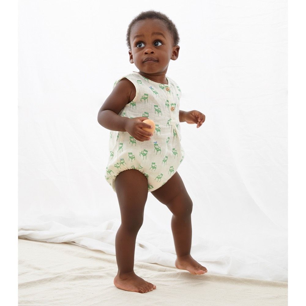 OEUF NYC Chair Print Romper | Ecru 0-3M Linen/Cotton